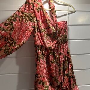 HEMANT & NANDITA One Shoulder Pink metallic and Green Dress